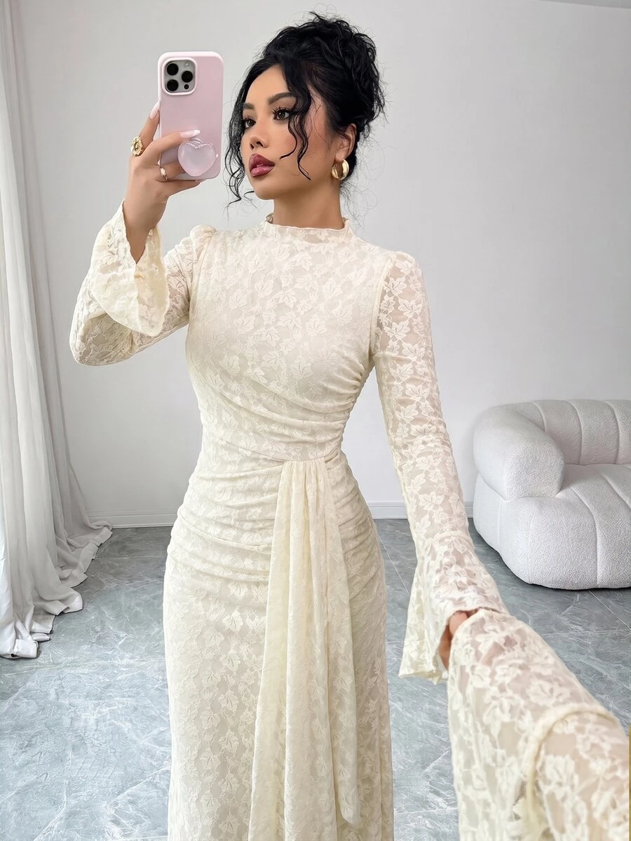 Modelyn French Design Lace High Neck Flared Waist Ruched Slim Fit Dress For Women - Apricot - View 1