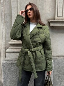 Aloruh Women's Autumn/Winter Army Green Waist-Cinching Drawstring Padded Coat - Army Green - View 3