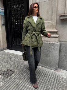 Aloruh Women's Autumn/Winter Army Green Waist-Cinching Drawstring Padded Coat - Army Green - View 5