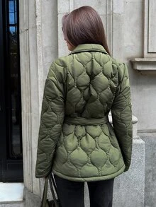 Aloruh Women's Autumn/Winter Army Green Waist-Cinching Drawstring Padded Coat - Army Green - View 4