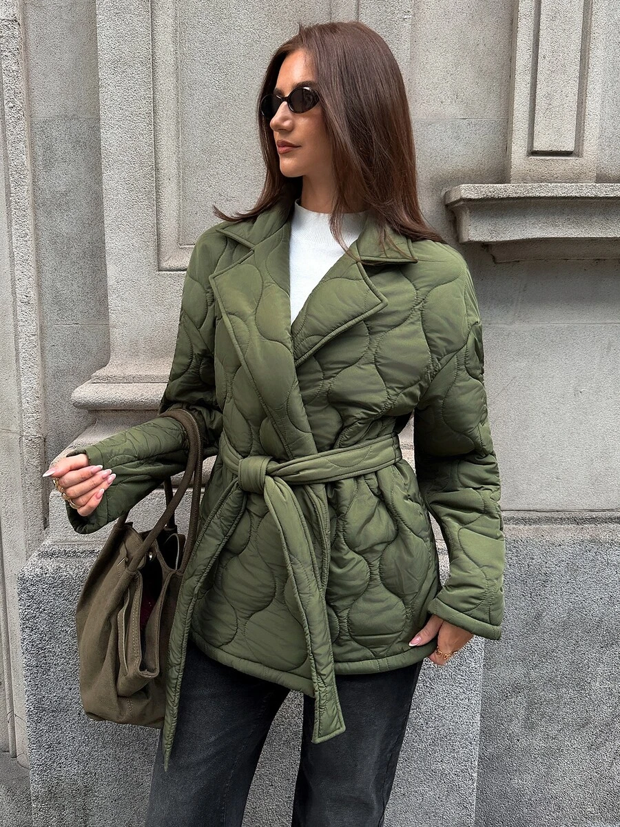 Aloruh Women's Autumn/Winter Army Green Waist-Cinching Drawstring Padded Coat - Army Green - View 1