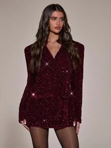 SHEIN BAE Autumn/Winter Elegant Party Sequin Blazer - Burgundy - View 6