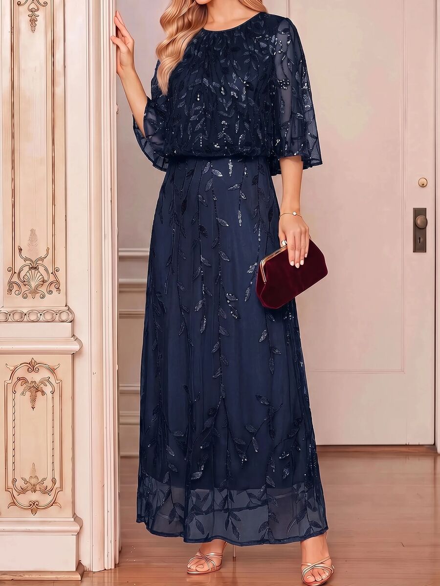 Amorya Women's Elegant Party Sequin Embroidered Mesh Mid-Length Dress - Navy Blue - View 1