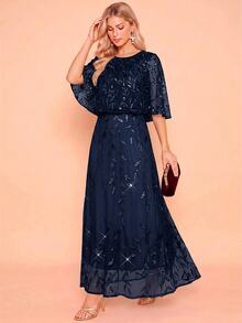 Amorya Women's Elegant Party Sequin Embroidered Mesh Mid-Length Dress - Navy Blue - View 7