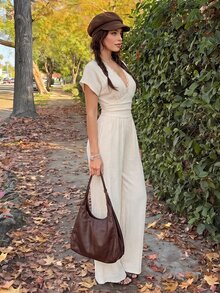 SHEIN MOD Beige Ruched Lace Long Wide Leg Jumpsuit Vacation Beach Summer Tropical Jamaican European - Apricot - View 3