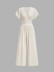 SHEIN MOD Beige Ruched Lace Long Wide Leg Jumpsuit Vacation Beach Summer Tropical Jamaican European - Apricot - View 4