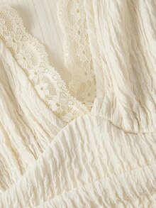 SHEIN MOD Beige Ruched Lace Long Wide Leg Jumpsuit Vacation Beach Summer Tropical Jamaican European - Apricot - View 6