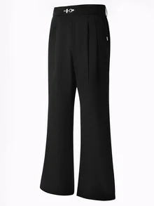 Manfinity CasualCool Men's Black Fashionable Waistband Metal Buckle Design Double Pleated Slightly Flared Wrinkle-Resistant Casual Commute Long Pants - Black - View 3