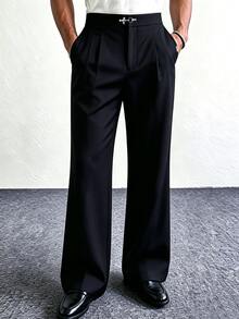 Manfinity CasualCool Men's Black Fashionable Waistband Metal Buckle Design Double Pleated Slightly Flared Wrinkle-Resistant Casual Commute Long Pants - Black - View 5
