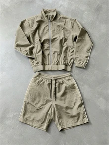 Gym Rark Men's Solid Color Long Sleeve Zip-Up Jacket And Shorts Sports Set, Gym - Khaki - View 1