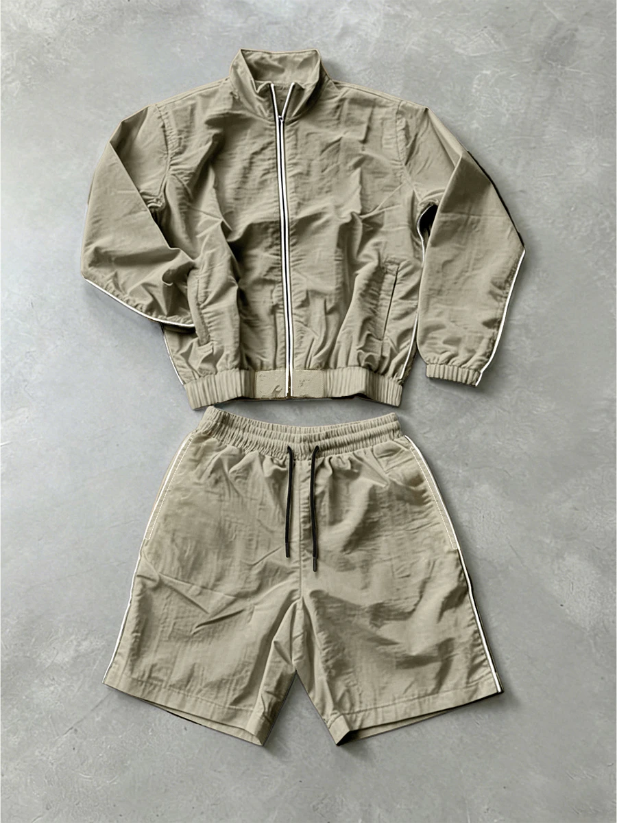 Gym Rark Men's Solid Color Long Sleeve Zip-Up Jacket And Shorts Sports Set, Gym - Khaki - View 1