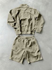 Gym Rark Men's Solid Color Long Sleeve Zip-Up Jacket And Shorts Sports Set, Gym - Khaki - View 2
