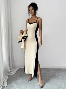 Balvessa 女款秋冬新款優雅百搭拼接配色夾克連身裙兩件套，適合早午餐、茶會，黑色與米色 - 杏色和黑色 - 查看 7