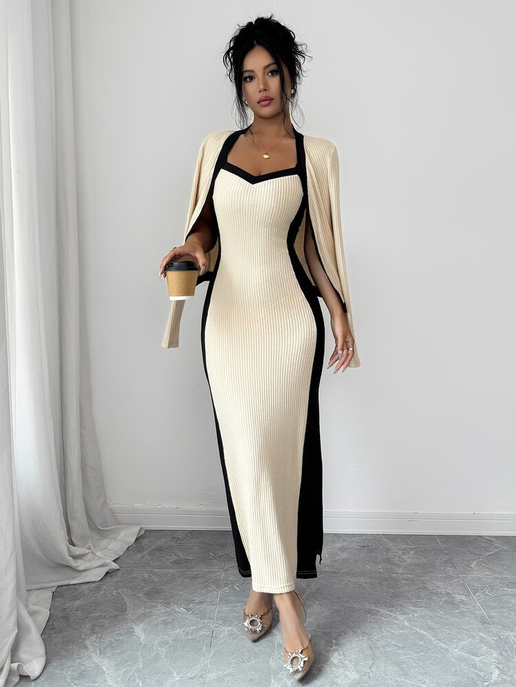 Balvessa Women's Autumn/Winter New Elegant Versatile All-Match Colorblock Jacket Dress 2 Pieces Set Brunch Tea Party Black And Beige - Apricot and Black - View 4