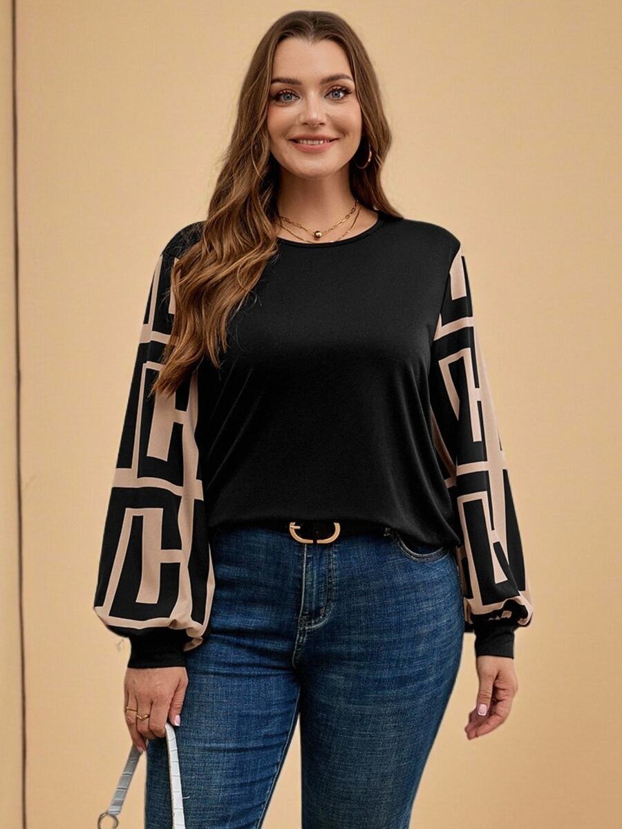 Comfylo Plus Size Colorblock Lantern Sleeve Casual Loose Top, Autumn/Winter Holiday Fall
