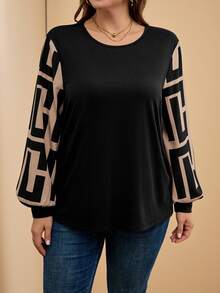 Comfylo Plus Size Colorblock Lantern Sleeve Casual Loose Top, Autumn/Winter Holiday Fall - Black - View 5