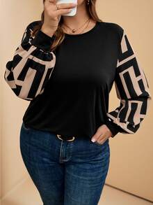 Comfylo Plus Size Colorblock Lantern Sleeve Casual Loose Top, Autumn/Winter Holiday Fall - Black - View 8