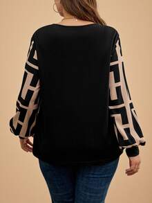 Comfylo Plus Size Colorblock Lantern Sleeve Casual Loose Top, Autumn/Winter Holiday Fall - Black - View 7