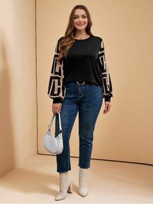 Comfylo Plus Size Colorblock Lantern Sleeve Casual Loose Top, Autumn/Winter Holiday Fall - Black - View 6