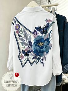 Franclia [Printed Design] Women's Floral Print White Floral Blouse, Loose Fit Flattering Design, Long Sleeve Blouse, Spring/Autumn Brunch Tea Party Elegant - Multicolor - View 2