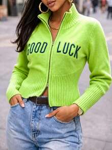 Dekonique Dekonique Neon Green Fitted Versatile Short American Vintage Badge Streetwear Cool Stand Collar Letter Zipper Knit Cardigan Jacket - Green - View 3