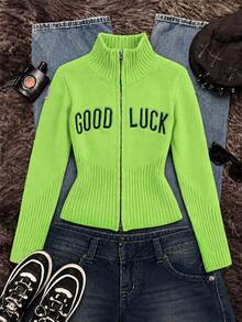 Dekonique Dekonique Neon Green Fitted Versatile Short American Vintage Badge Streetwear Cool Stand Collar Letter Zipper Knit Cardigan Jacket - Green - View 1
