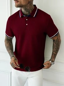 HUEFORM 男士半開襟鈕扣條紋撞色休閒 Polo 衫 - 酒紅色 - 查看 5