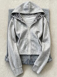 SHEIN Sparklyn 女童抓絨內裡拉鍊運動衫，深色系蜘蛛網印花，寬鬆落肩版型，酷感休閒寬大運動風，灰色與白色，適合秋季 - 灰色 - 查看 2