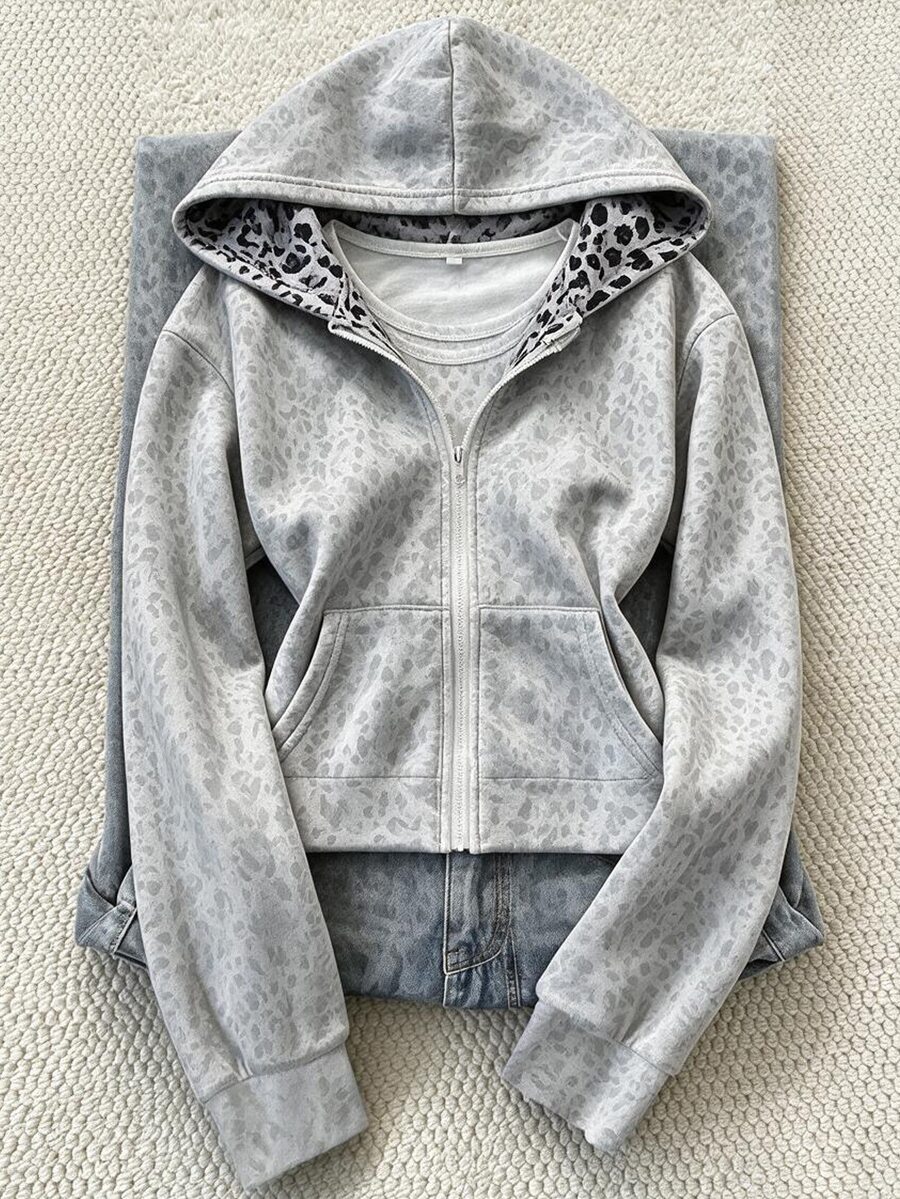 SHEIN 女童抓絨內裡拉鍊連帽衛衣,深色系蜘蛛網印花,寬鬆落肩版型,酷感街頭休閒寬大灰色豹紋秋季款 - 灰色 - 查看 1