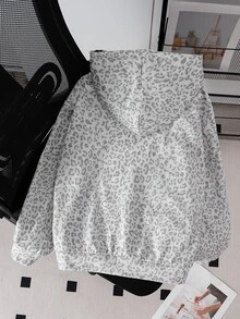 SHEIN Sparklyn 女童抓絨內裡拉鍊運動衫，深色系蜘蛛網印花，寬鬆落肩版型，酷感休閒寬大運動風，灰色與白色，適合秋季 - 灰色 - 查看 3