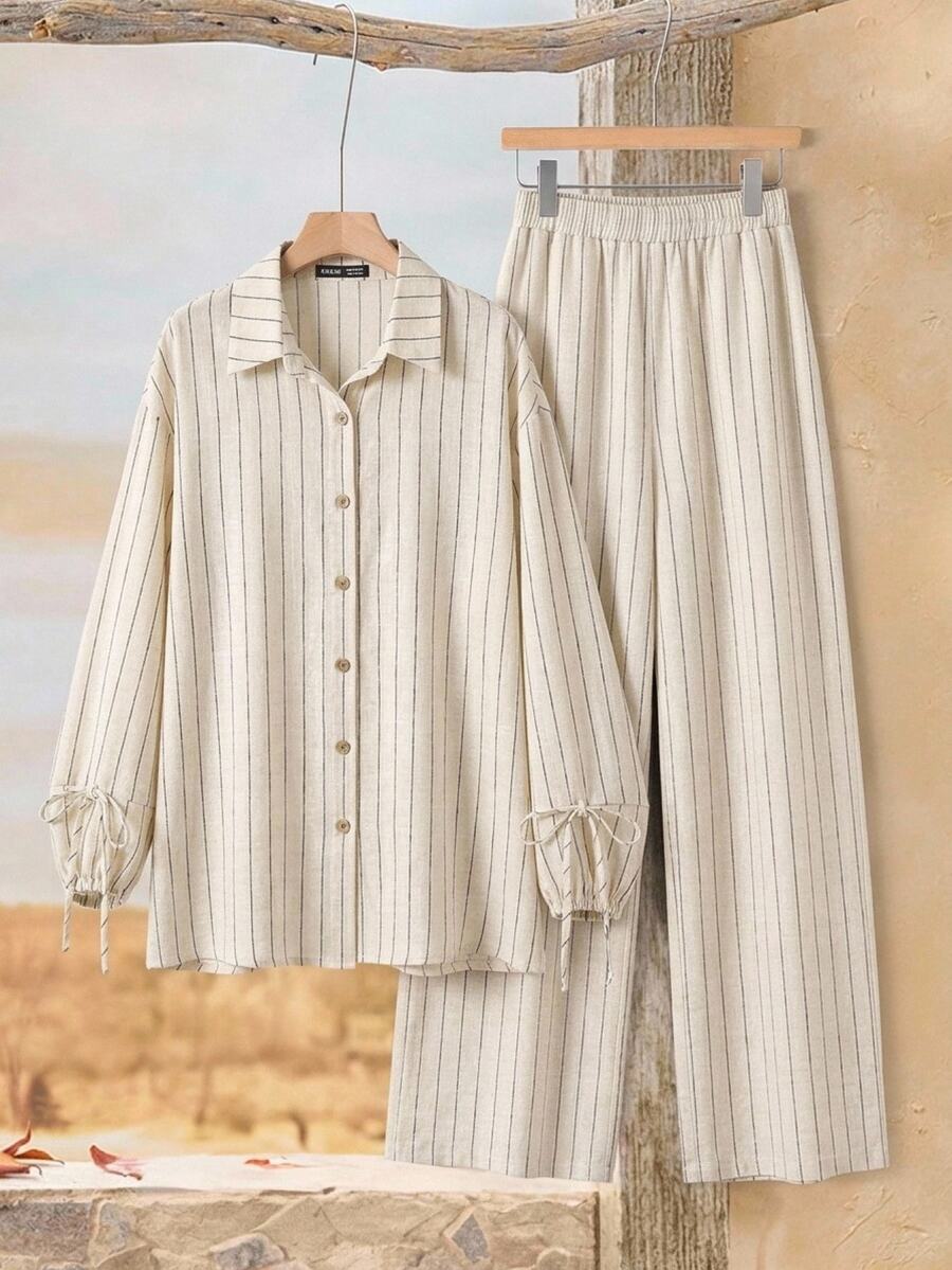 Rusticease Women's Black And White Striped Long Sleeve Top And Pants Casual Minimalist Daily 2 Pieces Set Fall Outfits For Women Lounge Brunch Vacation - Brown - View 1