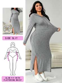 Solflare Plus Size Women Casual Drawstring Hooded Split Hem Dress, Light Gray, Autumn Fall - Light Grey - View 1