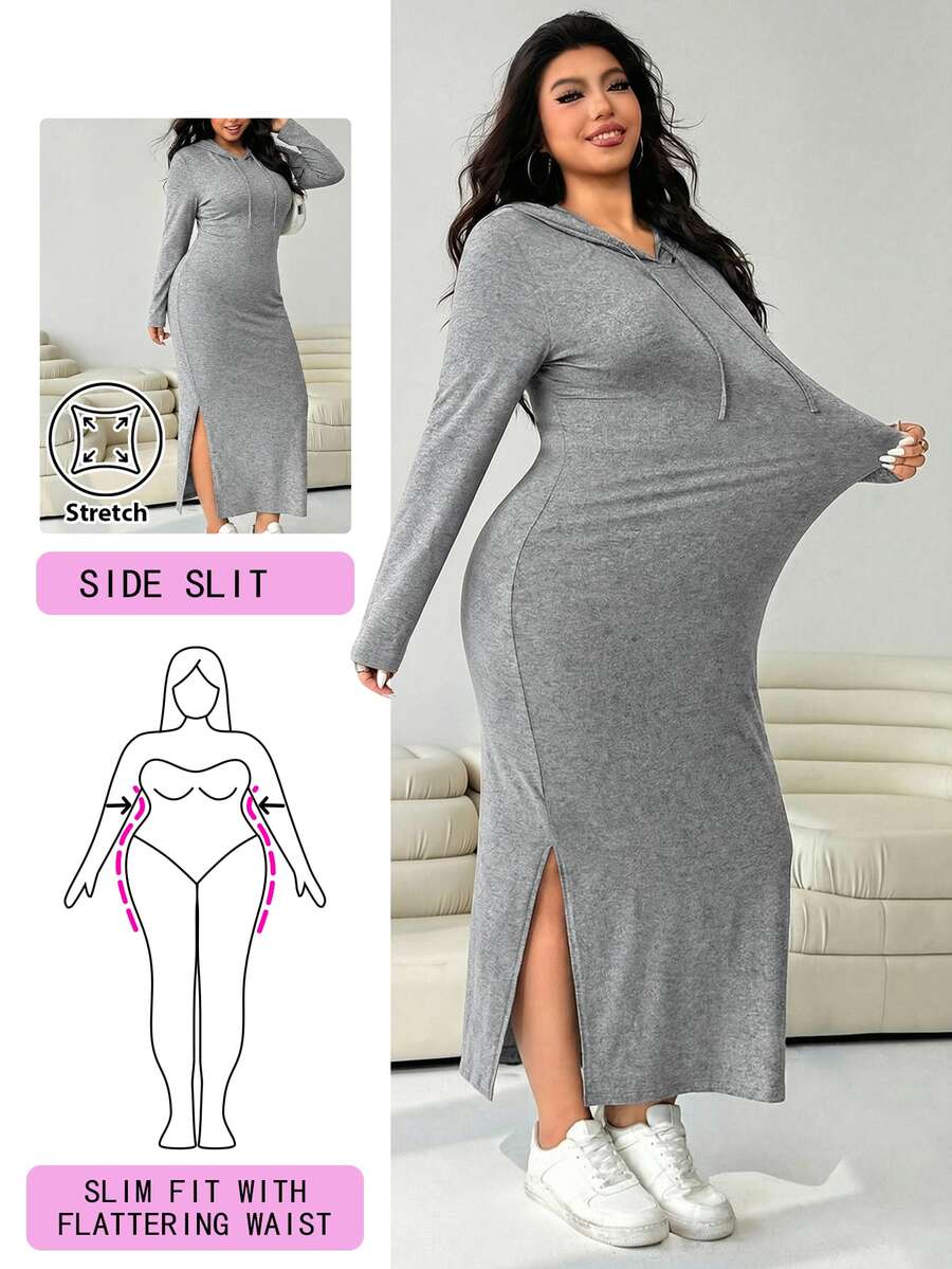 Solflare Plus Size Women Casual Drawstring Hooded Split Hem Dress, Light Gray, Autumn Fall - Light Grey - View 1
