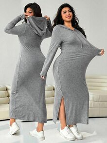 Solflare Plus Size Women Casual Drawstring Hooded Split Hem Dress, Light Gray, Autumn Fall - Light Grey - View 8