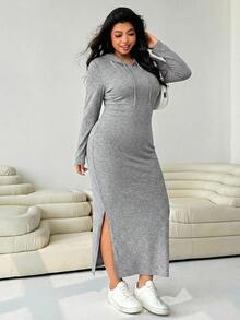 Solflare Plus Size Women Casual Drawstring Hooded Split Hem Dress, Light Gray, Autumn Fall - Light Grey - View 4