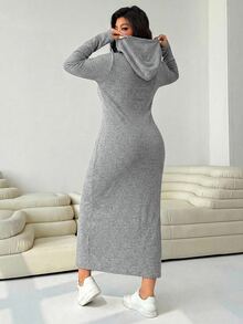 Solflare Plus Size Women Casual Drawstring Hooded Split Hem Dress, Light Gray, Autumn Fall - Light Grey - View 2