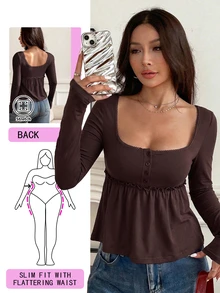 Solflare Plus Size White Square Neck Casual Vacation T-Shirt, Spring/Summer Fall - Brown - View 1