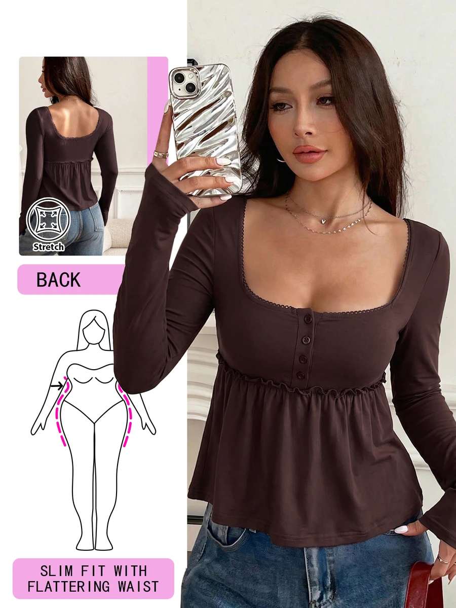 Solflare Plus Size White Square Neck Casual Vacation T-Shirt, Spring/Summer Fall - Brown - View 1
