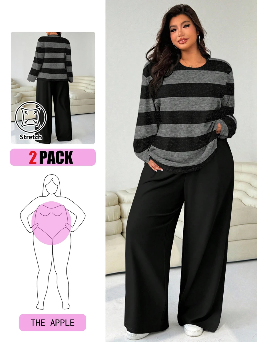 Solflare Plus Size Women 2 Pieces Set - Loose Round Neck T-Shirt And Straight Leg Pants Carnival Formal Morning Grey Black Casual Traditional
