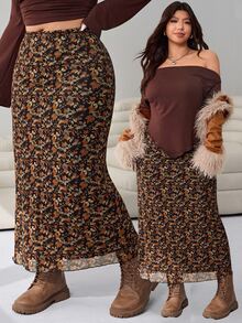Solflare New Plus Size Skirt, Versatile For Outings, Casual Daily Wear, Gatherings, Dates And Holidays, Elastic Waist, Maillard Color Palette, Earth Tones, Ditsy Floral, High Elastic Mesh Fabric Print - Multicolor - View 8