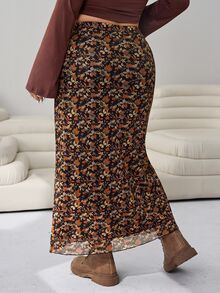 Solflare New Plus Size Skirt, Versatile For Outings, Casual Daily Wear, Gatherings, Dates And Holidays, Elastic Waist, Maillard Color Palette, Earth Tones, Ditsy Floral, High Elastic Mesh Fabric Print - Multicolor - View 3
