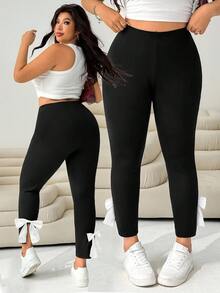 Solflare Plus Size Women Casual Everyday Versatile Contrast Color Bowknot Slit Hem High Waist Skinny Pants,Fall - Black and White - View 7