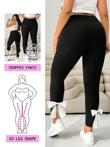 Solflare Plus Size Women Casual Everyday Versatile Contrast Color Bowknot Slit Hem High Waist Skinny Pants,Fall - Black and White - View 2