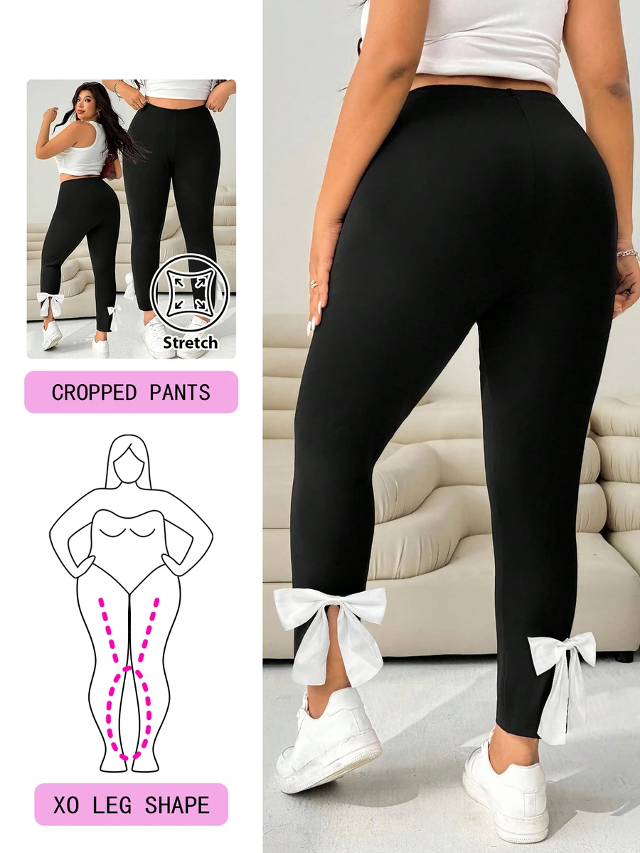 Solflare Plus Size Women Casual Everyday Versatile Contrast Color Bowknot Slit Hem High Waist Skinny Pants,Fall