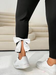 Solflare Plus Size Women Casual Everyday Versatile Contrast Color Bowknot Slit Hem High Waist Skinny Pants,Fall - Black and White - View 9