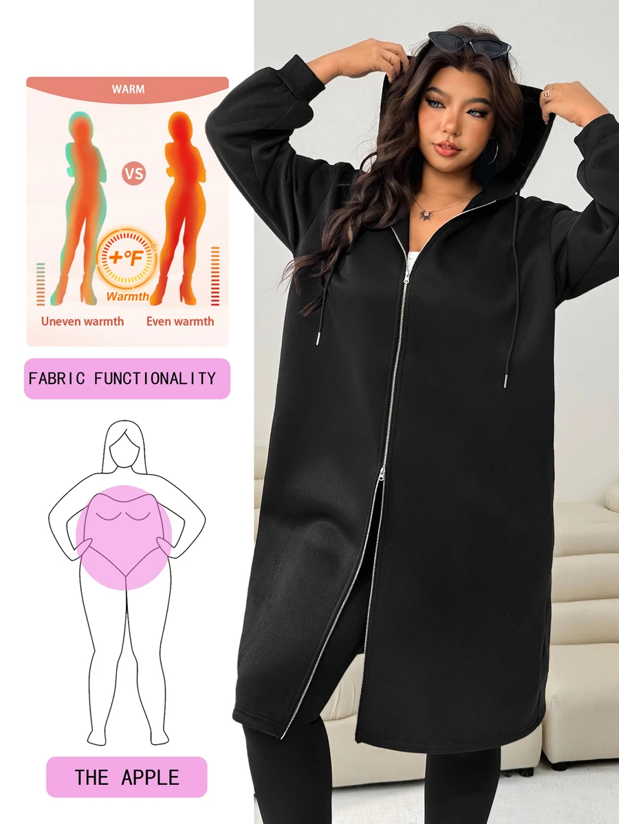 Solflare Plus Size Women's Black Winter Casual Fleece Drop Shoulder Zip ...