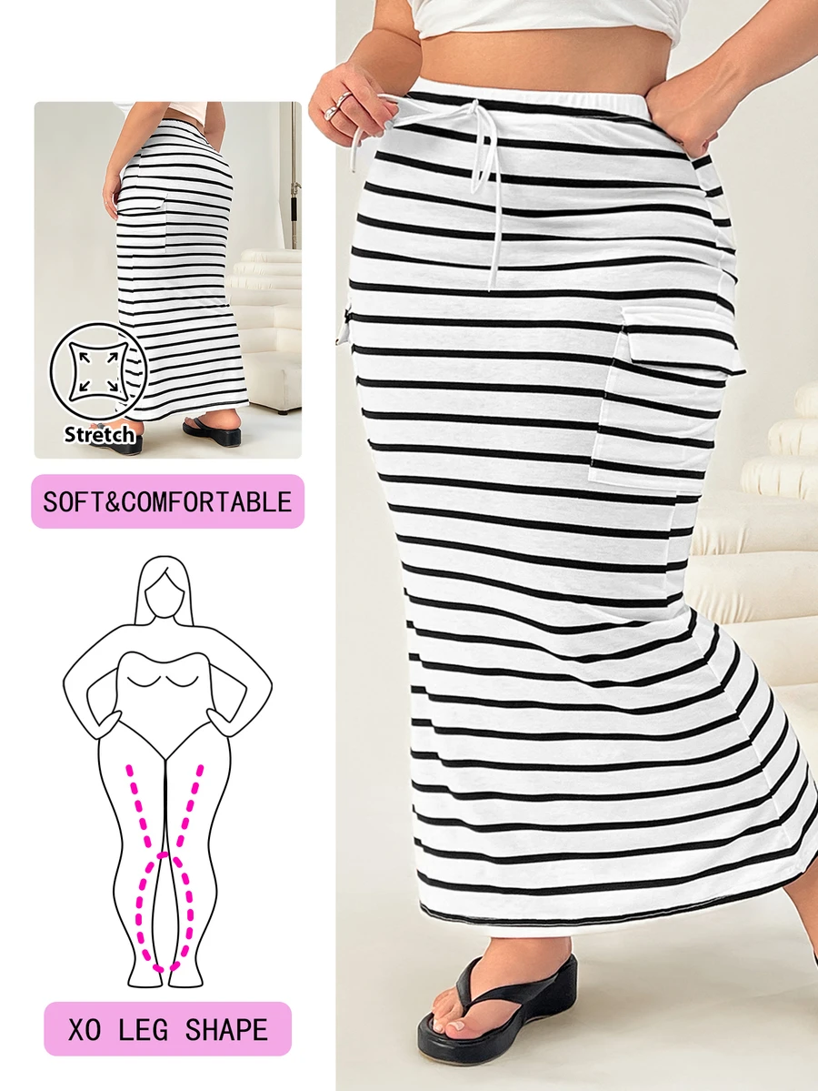 Solflare Plus Size Women Casual Striped Slim Cargo Skirt Fall - White - View 1