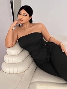 Solflare 2pcs Set: Black Bandeau Top And Flare Pants, Plus Size, Spring Summer Clothes Vacation Sexy Going Out - Black - View 5