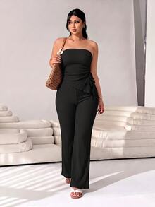 Solflare 2pcs Set: Black Bandeau Top And Flare Pants, Plus Size, Spring Summer Clothes Vacation Sexy Going Out - Black - View 4
