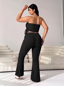 Solflare 2pcs Set: Black Bandeau Top And Flare Pants, Plus Size, Spring Summer Clothes Vacation Sexy Going Out - Black - View 2